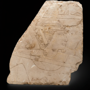 A large Egyptian limestone relief depicting a man fishing