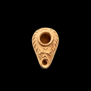 Christian Byzantine Terracotta Oil Lamp with Cross and Foliate Decoration