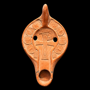 An Exceptionally Rare North African Red Slip Christian Oil Lamp with Cross and Impressions of the Gold Solidi of Theodosius II