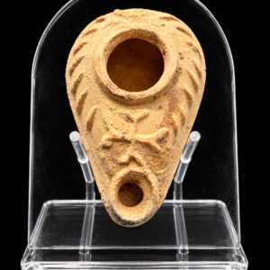 Christian Byzantine Terracotta Oil Lamp with Cross and Foliate Decoration