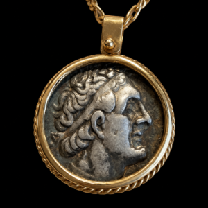 Ancient Greek Silver Tetradrachm with Portrait of Ptolemy I Soter Set in 18K Gold