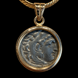 Ancient Greek Silver Drachm of Alexander the Great Set in 14K Gold
