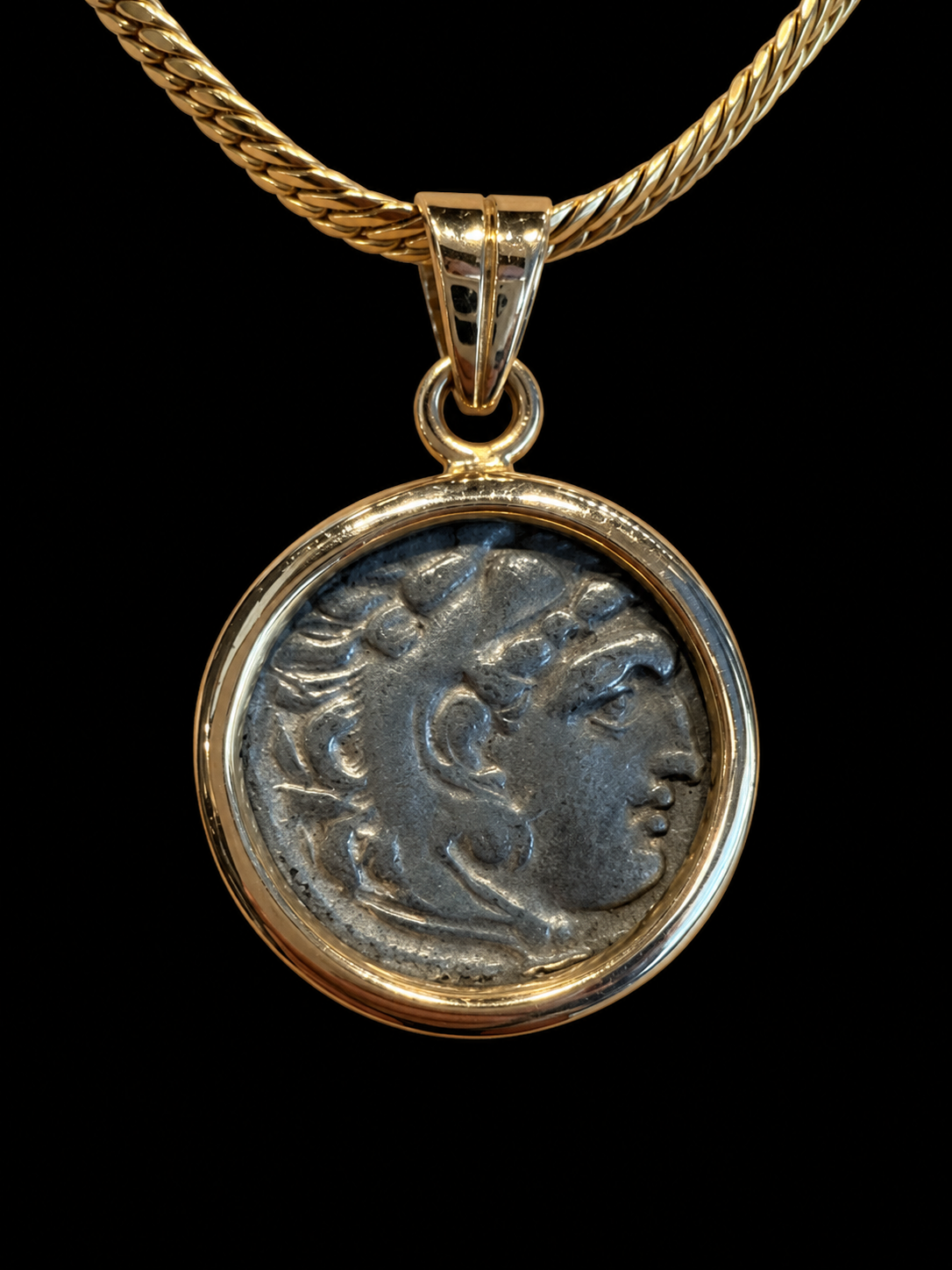 Ancient Greek Silver Drachm of Alexander the Great Set in 14K Gold